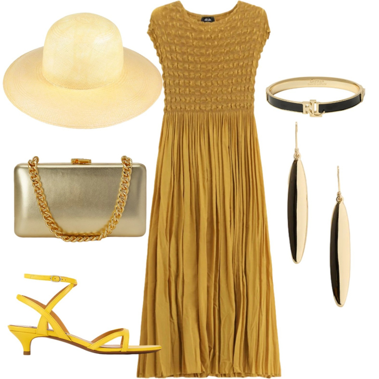 Outfit donna - Chic. Stile Chic per Serata fuori. Abbinamento con cappelli, braccialetti, sandali col tacco, clutch, orecchini, vestiti lunghi.