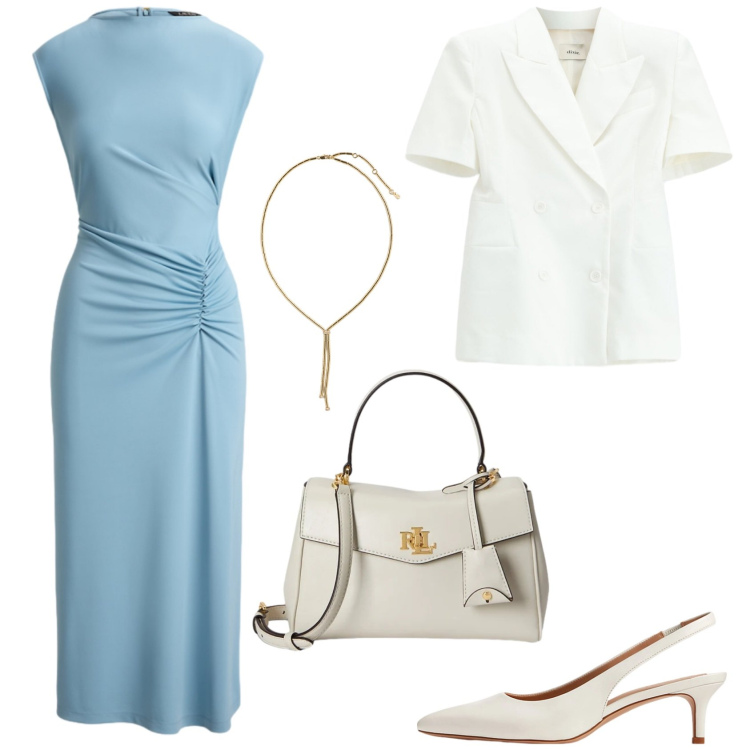 Outfit donna - Eleganza al lavoro. Stile Chic per Ufficio. Abbinamento con décolleté, vestiti a tubino, borse a mano, collane, blazer.