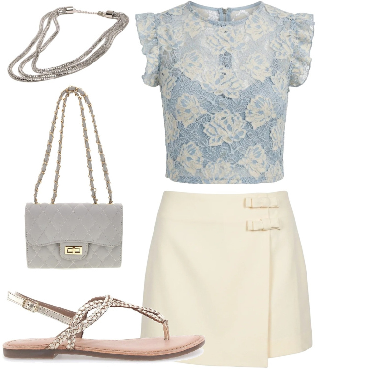 Outfit donna - Femminilità by Nuna Lie. Stile Bon Ton Abbinamento con top, minigonne, collane, borse a tracolla, sandali.