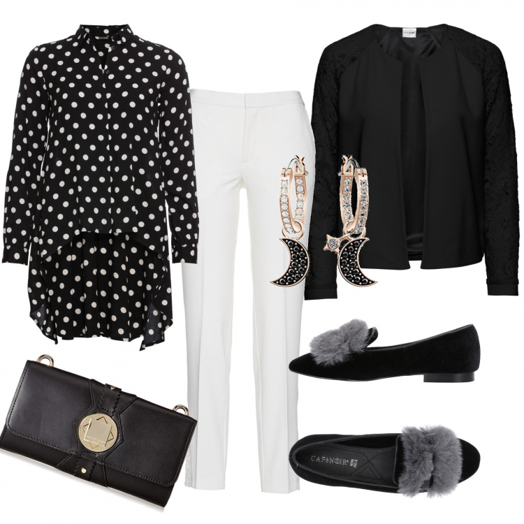Outfit donna - Curvy. Stile Bon Ton per Ufficio. Abbinamento con blazer, camicie, pantalone con pizzo, ballerine, orecchini forma asimmetrica contrasto in oro rosa nero, shopping bag nero.