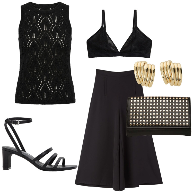 Outfit donna - Total look #2420831. Stile Chic per Serata fuori. Abbinamento con sandali col tacco, reggiseni, pantaloni, orecchini, top, clutch.