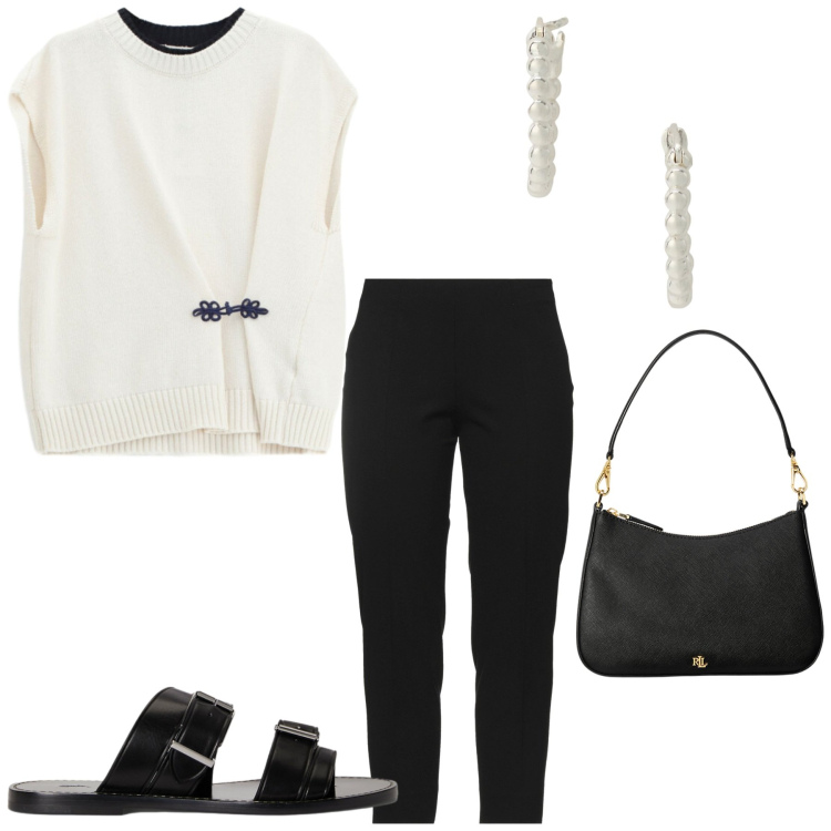 Outfit donna - Total look #2420842. Stile Chic per Serata fuori. Abbinamento con pantaloni, orecchini, borse a spalla, sandali in pelle, top.