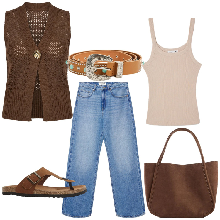 Outfit donna - Total look #2420849. Stile Basic per Tutti i giorni. Abbinamento con infradito, shopping bag, cinture, jeans dritti, canottiere, maglieria.