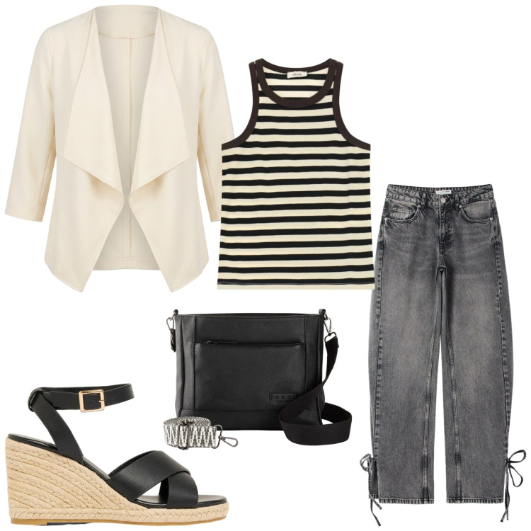 Outfit donna - Total look #2420855. Stile Basic per Ufficio. Abbinamento con borse a tracolla, zeppe, jeans, top, blazer.