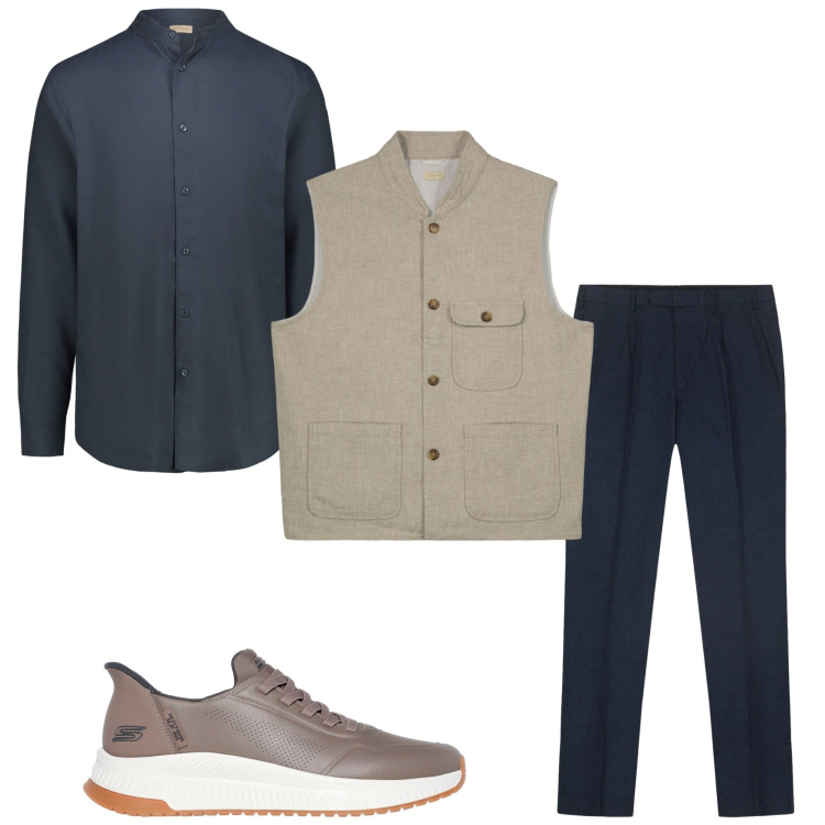 Outfit uomo - Business e everyday. Stile Business/Elegante per Ufficio. Abbinamento con pantaloni, gilet, camicie, sneakers.