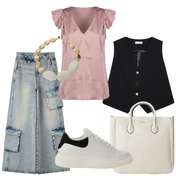 Outfit donna - Total look #2420861. Stile Casual per Tutti i giorni. Abbinamento con jeans, sneakers, borse a tracolla, gilet, collane, top.