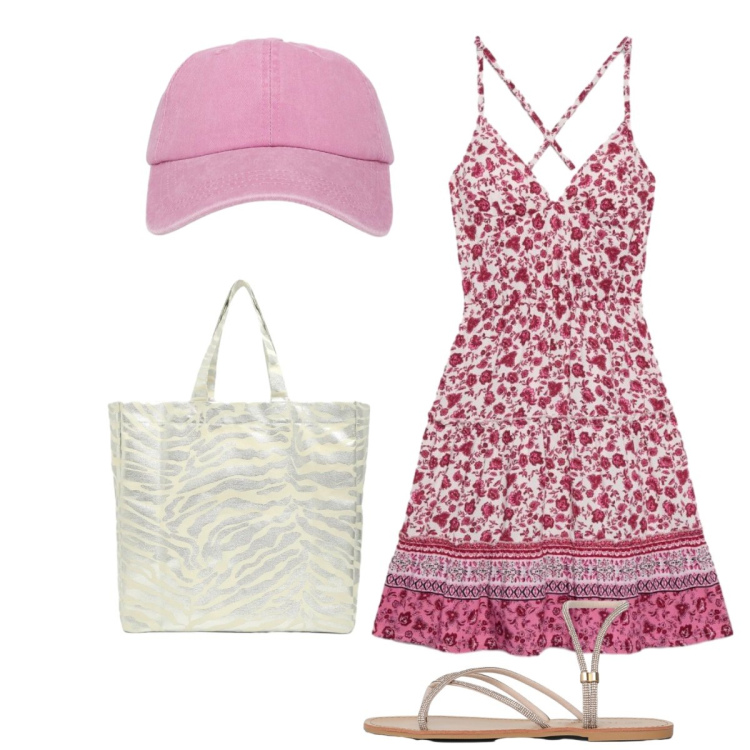 Outfit donna - Estate Terranova. Stile Glamour per Tutti i giorni. Abbinamento con vestiti corti, sandali, shopping bag, cappelli con visiera.