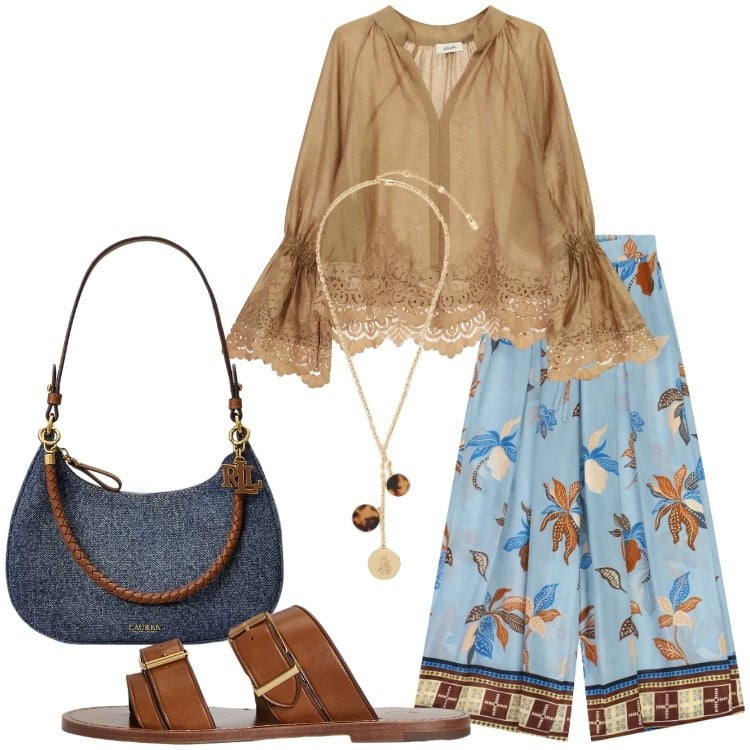 Outfit donna - Oroscopo Il cancro - Maree emotive. Stile Boho per Tutti i giorni. Abbinamento con sandali in pelle, borse a spalla, collane, pantaloni a palazzo, camicie.