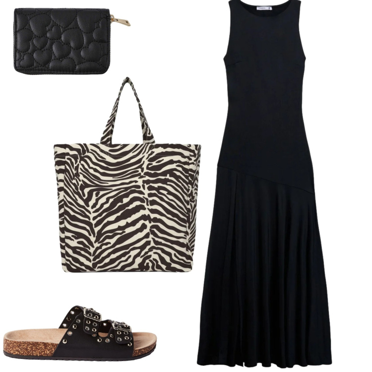 Outfit donna - Summer Terranova. Stile Casual chic per Tutti i giorni. Abbinamento con vestiti lunghi, ciabatte, shopping bag, portafogli.