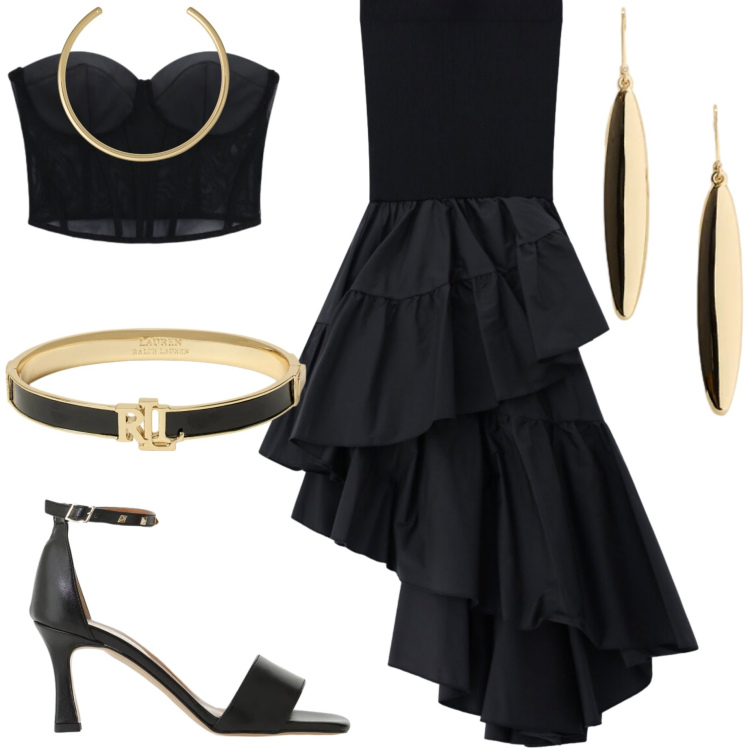 Outfit donna - Oroscopo: cancro. Stile Chic per Serata fuori. Abbinamento con gonne lunghe, top, sandali col tacco, orecchini, braccialetti, collane.