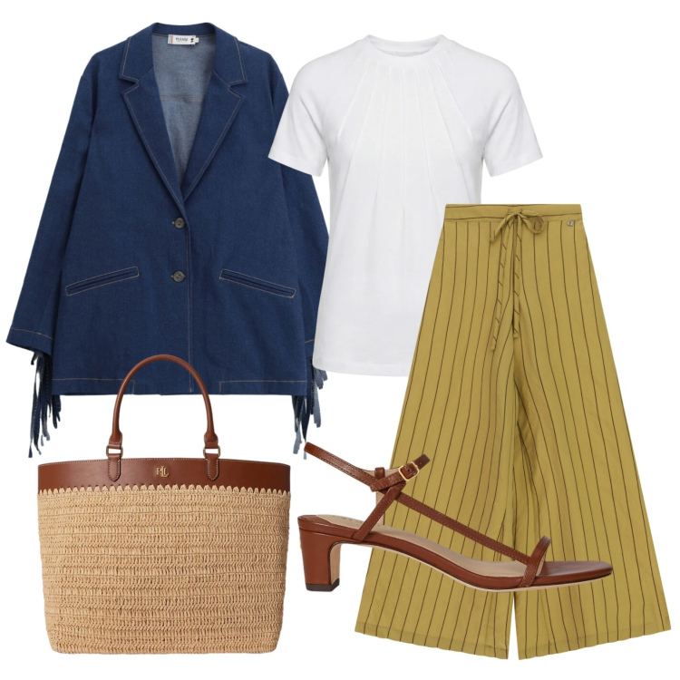 Outfit donna - Total look #2420876. Stile Casual chic per Ufficio. Abbinamento con t-shirt, blazer, sandali in pelle, borse tote, pantaloni a palazzo.
