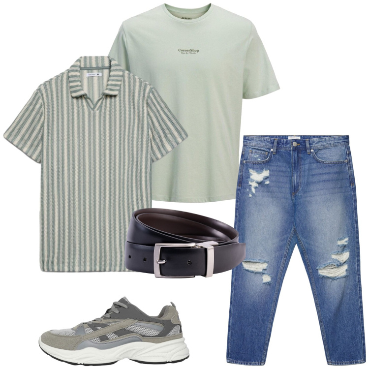 Outfit uomo - Total look #2420879. Stile Casual per Tutti i giorni. Abbinamento con t-shirt, sneakers, jeans strappati, polo, cinture.