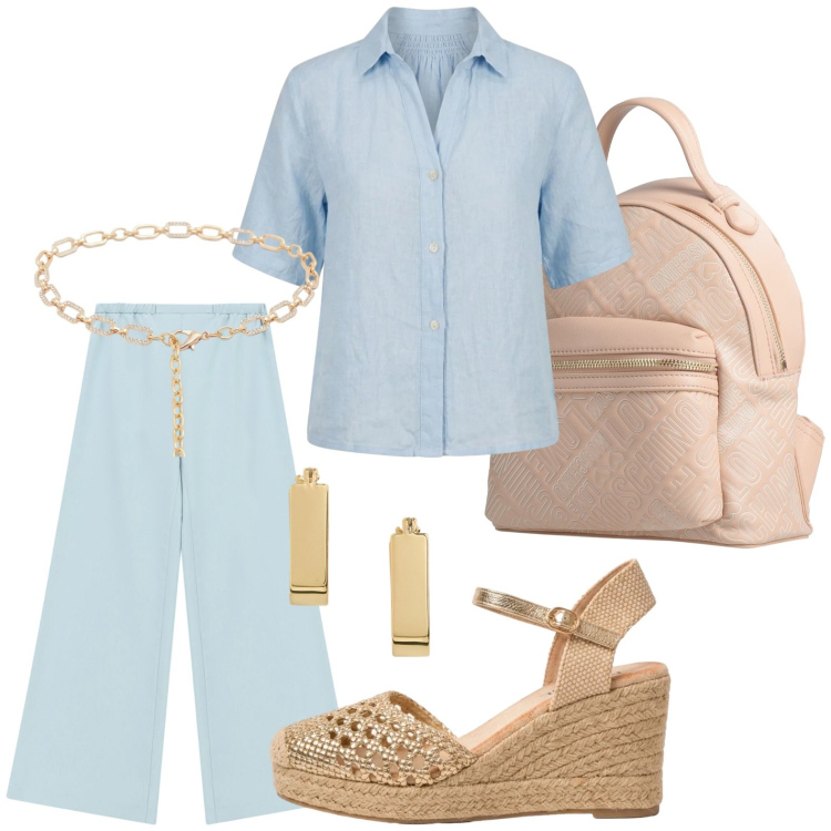 Outfit donna - Stile con leggerezza. Stile Glamour per Ufficio. Abbinamento con zaini, pantaloni a palazzo, cinture, orecchini, camicie a manica corta, espadrillas.