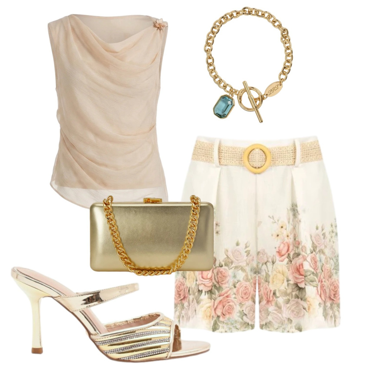 Outfit donna - Total look #2420889. Stile Bon Ton per Serata fuori. Abbinamento con shorts, sabot, top, clutch, braccialetti.