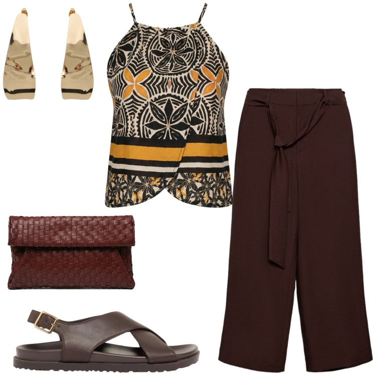 Outfit donna - Total look #2420893. Stile Etnico per Tutti i giorni. Abbinamento con sandali in pelle, pantaloni a palazzo, orecchini, canottiere, clutch.