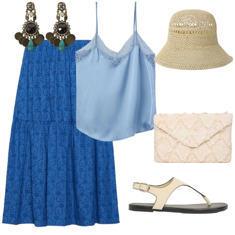 Outfit donna - Estate curvy. per Mare. Abbinamento con infradito, canottiere, gonne lunghe, cappelli, orecchini, clutch.