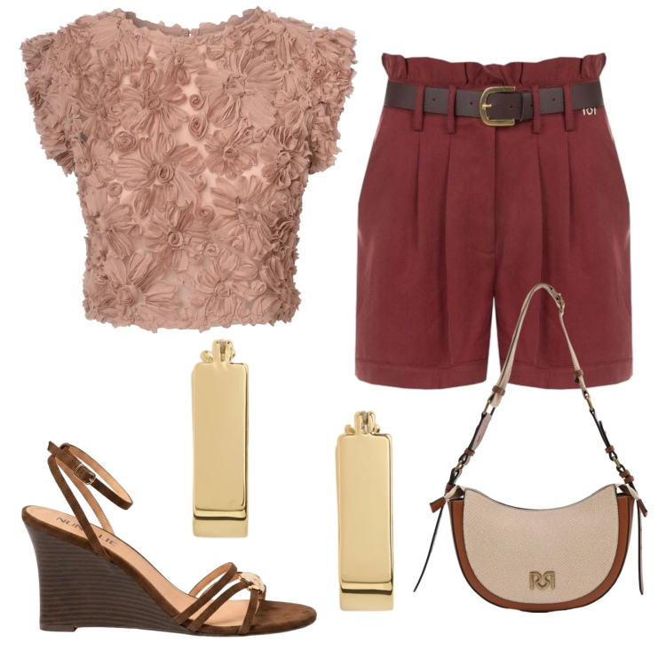 Outfit donna - Total look #2420895. Stile Chic per Serata fuori. Abbinamento con pantaloni corti, borse a tracolla, orecchini, top, sandali col tacco.