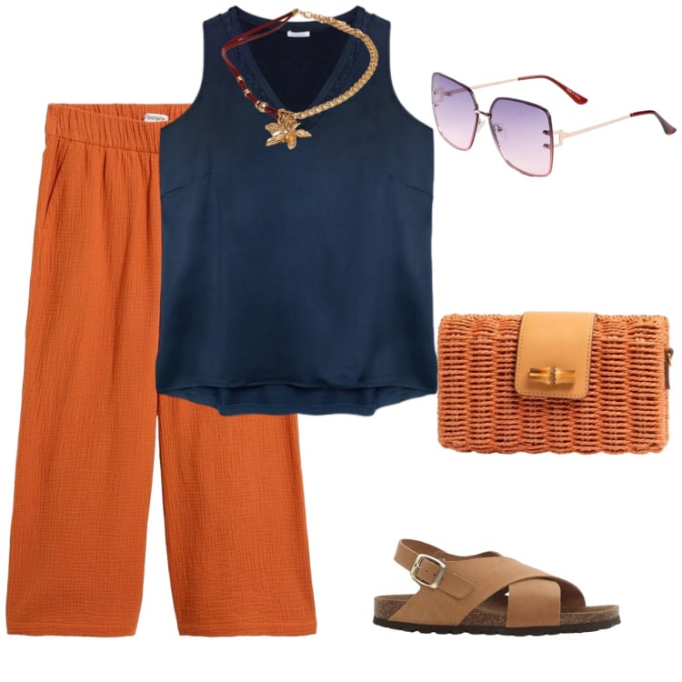 Outfit donna - Estate. per Tutti i giorni. Abbinamento con pantaloni, sandali in pelle, occhiali da sole, top, borse a tracolla, collane.