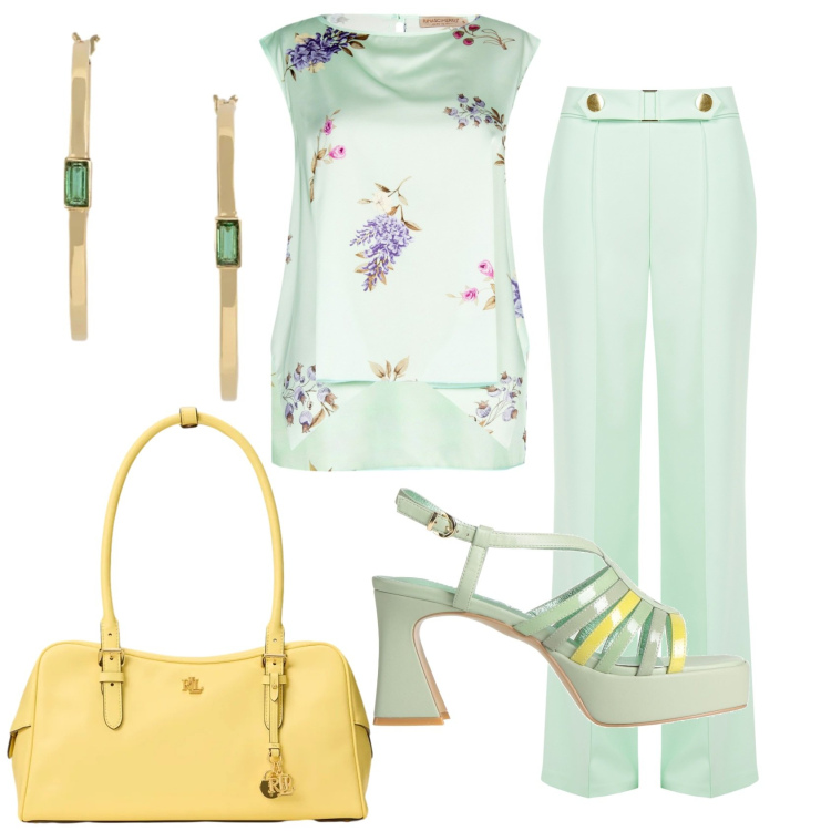 Outfit donna - Total look #2420898. Stile Bon Ton per Ufficio. Abbinamento con sandali in pelle, top, pantaloni, orecchini, borse a mano.
