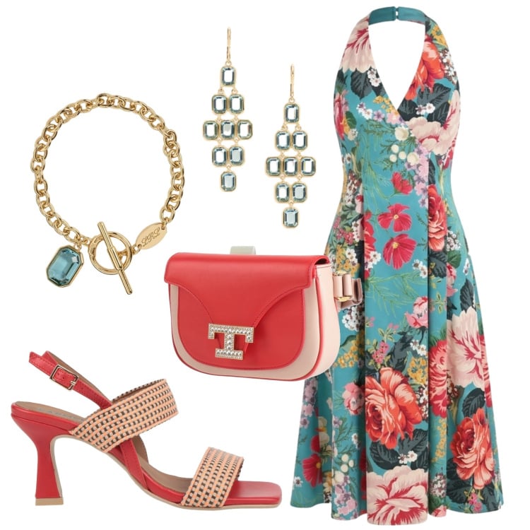 Outfit donna - Total look #2420901. Stile Vintage retrò per Cerimonia. Abbinamento con sandali in pelle, marsupi, vestiti midi/longuette, orecchini, braccialetti.