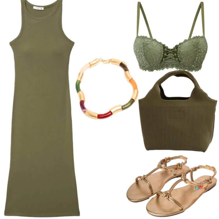 Outfit donna - Total look #2420906. Stile Minimal per Tutti i giorni. Abbinamento con reggiseni a balconcino, vestiti midi/longuette, sandali in pelle, borse a mano, collane.