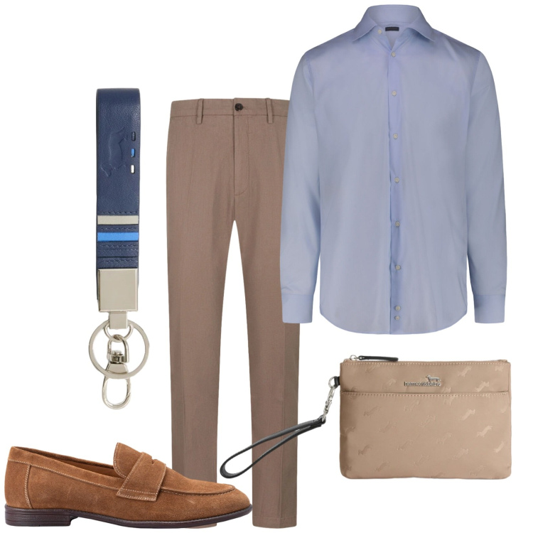 Outfit uomo - Fino al congresso. Stile Business/Elegante per Ufficio. Abbinamento con portachiavi, borse sportive, camicie, scarpe stringate, pantaloni.
