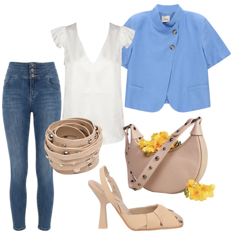 Outfit donna - Total look #2420918. Stile Casual chic per Ufficio. Abbinamento con décolleté, blazer, borse a spalla, cinture, jeans skinny, top.