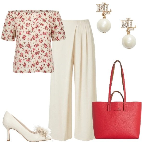 Outfit donna - Total look #2420933. Stile Casual chic per Serata fuori. Abbinamento con décolleté, shopping bag, orecchini, top, pantaloni a palazzo.