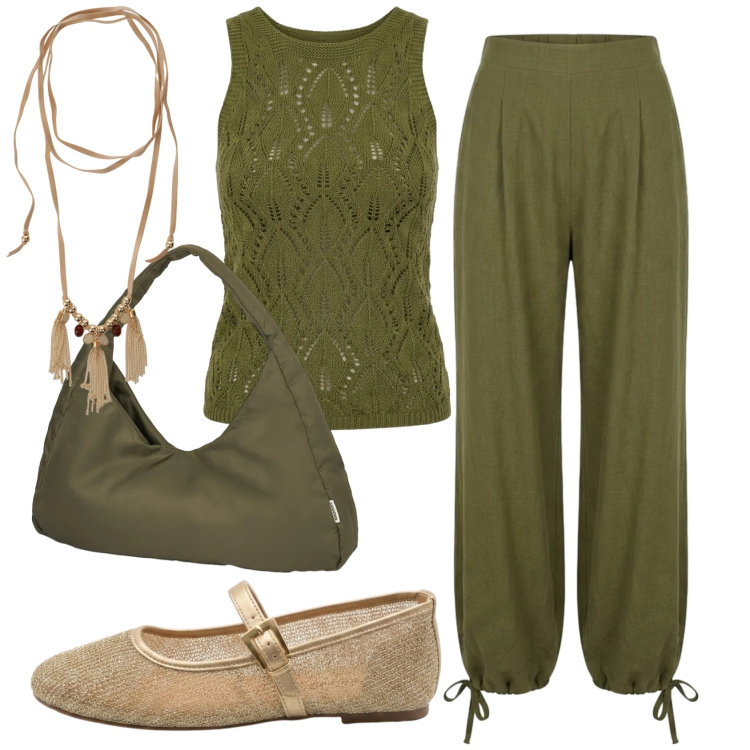Outfit donna - Total look #2420936. Stile Basic per Ufficio. Abbinamento con borse a spalla, collane, canottiere, pantaloni a palazzo, ballerine.