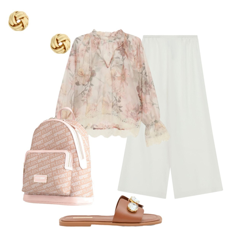 Outfit donna - Semplice e romantica…. Stile Romantica per Tutti i giorni. Abbinamento con zaini, pantaloni a palazzo, sandali gioiello, orecchini, bluse.