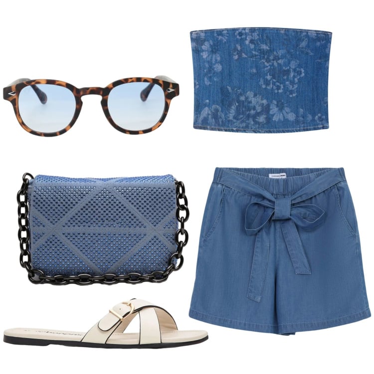 Outfit donna - Total look #2420942. Stile Romantica per Mare. Abbinamento con ciabatte, shorts, top, occhiali da sole, borse a tracolla.