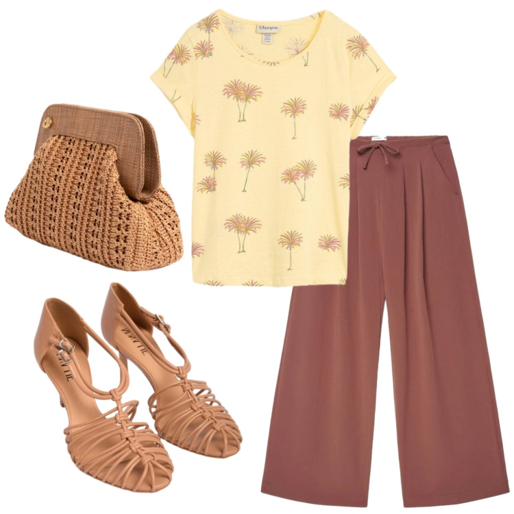 Outfit donna - Total look #2420945. Stile Basic per Ufficio. Abbinamento con t-shirt, pantaloni, sandali in pelle, clutch.