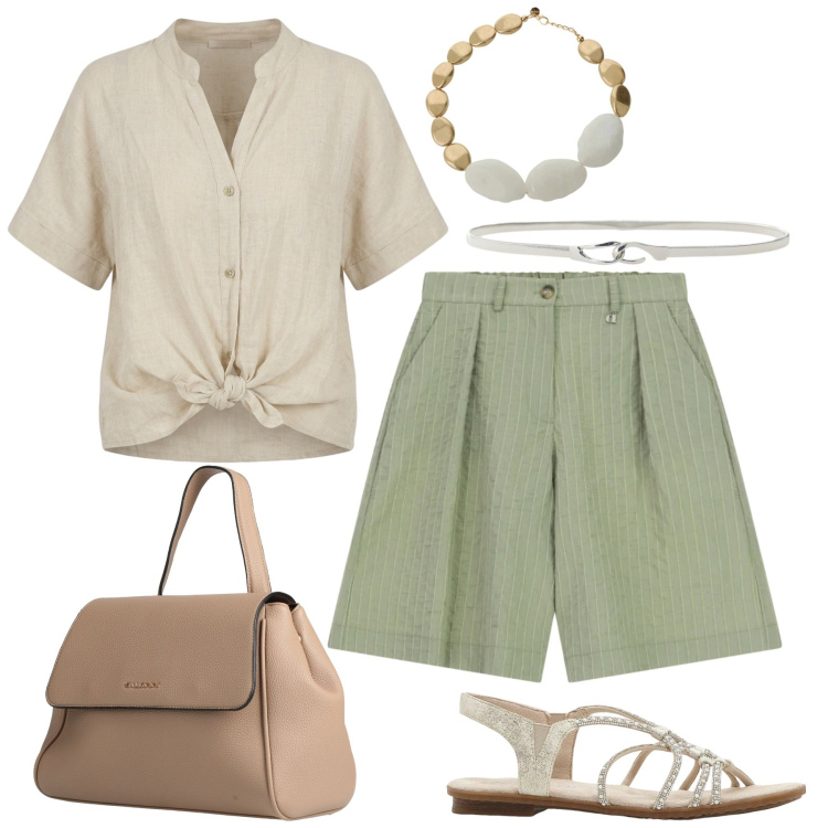 Outfit donna - Glamour in bermuda. Stile Glamour per Tutti i giorni. Abbinamento con zaini, sandali, collane, cinture, bermuda, camicie a manica corta.
