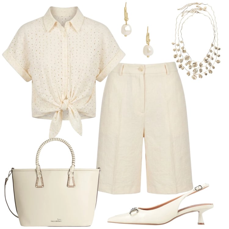 Outfit donna - Total white a giugno. Stile Casual chic per Tutti i giorni. Abbinamento con décolleté, shopping bag, orecchini, collane, bermuda, camicie a manica corta.