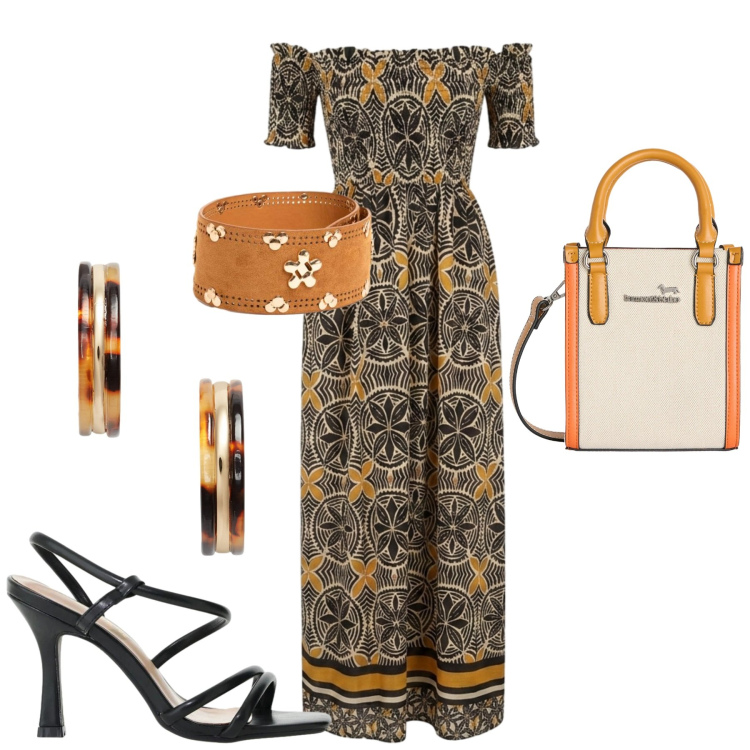 Outfit donna - Giugno. Stile Etnico per Tutti i giorni. Abbinamento con borse tote, sandali col tacco, orecchini, cinture, vestiti lunghi.