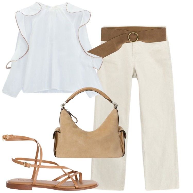 Outfit donna - La blusa romantica. Stile Casual chic per Tutti i giorni. Abbinamento con sandali in pelle, borse a spalla, cinture, pantaloni, camicie.