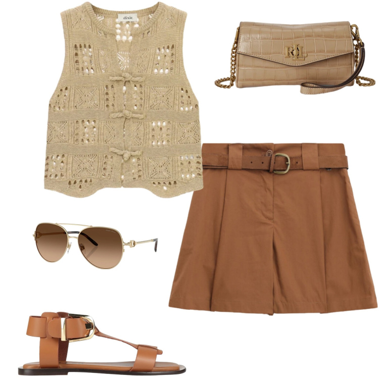 Outfit donna - Oroscopo: cancro. Stile Casual chic per Tutti i giorni. Abbinamento con sandali alla schiava, occhiali da sole, portafogli, top, shorts.