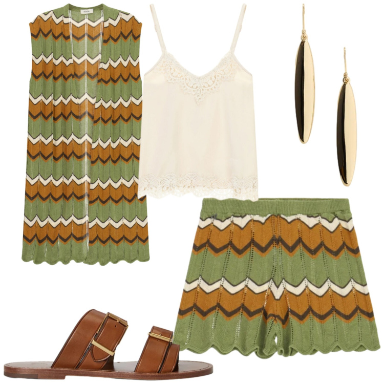Outfit donna - Al mare chic. Stile Glamour per Mare. Abbinamento con sandali in pelle, orecchini, top, shorts, gilet.