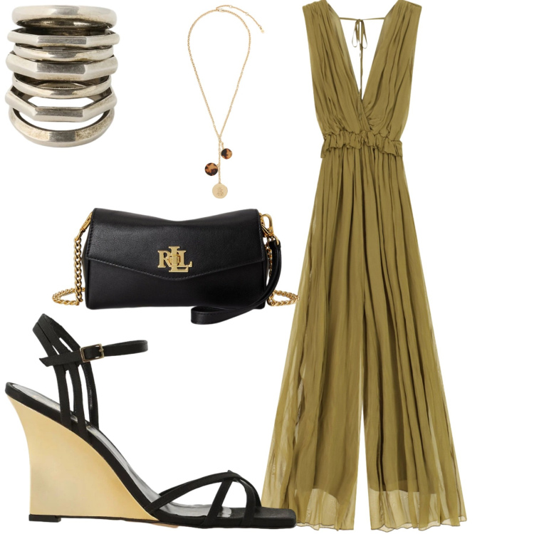 Outfit donna - Party. Stile Chic per Serata fuori. Abbinamento con anelli, portafogli, collane, tute, sandali col tacco.