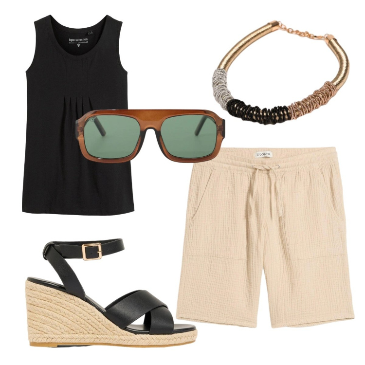 Outfit donna - Giugno. Stile Sporty chic per Tutti i giorni. Abbinamento con bermuda, canottiere, zeppe, occhiali da sole, collane.
