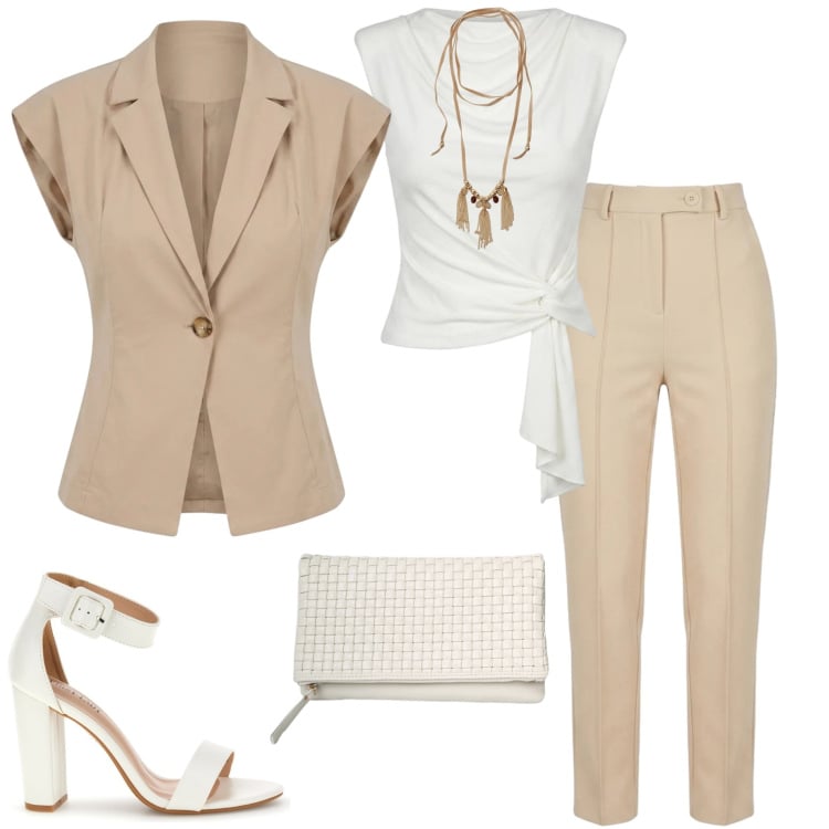 Outfit donna - Oroscopo: cancro. Stile Casual chic per Serata fuori. Abbinamento con collane, pantaloni, top, blazer, clutch, sandali col tacco.