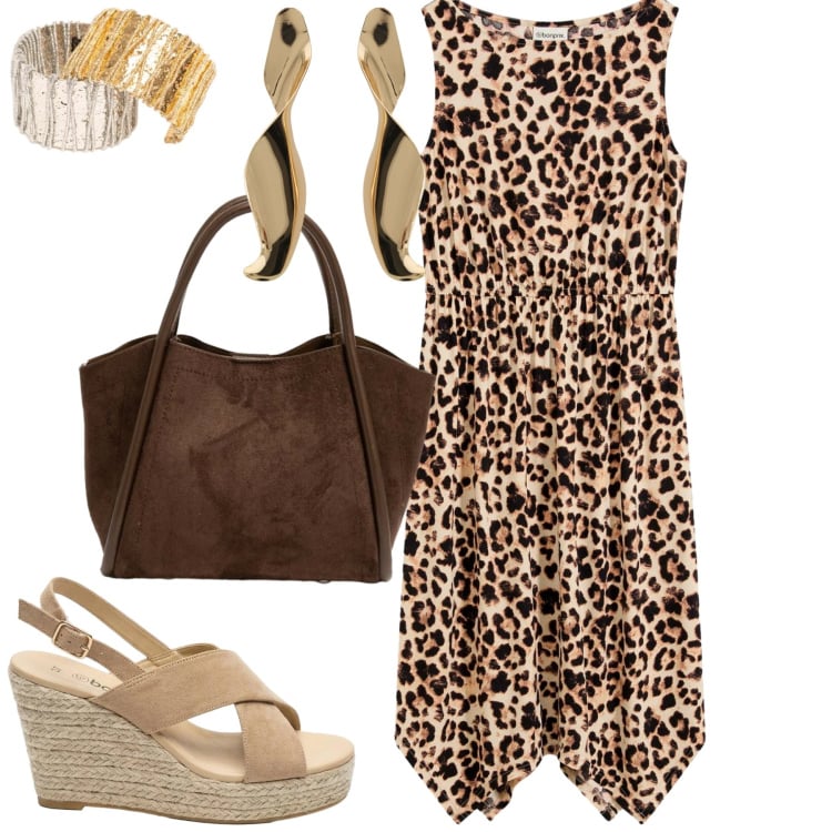 Outfit donna - Giugno animalier. Stile Casual chic per Tutti i giorni. Abbinamento con sandali col tacco, vestiti, orecchini, braccialetti, borse a spalla.