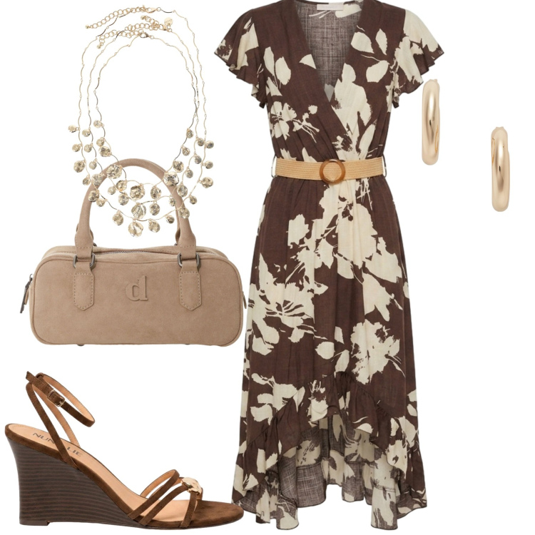 Outfit donna - City. Stile Urban per Tutti i giorni. Abbinamento con orecchini, cappotti, collane, vestiti chemisier, sandali col tacco.