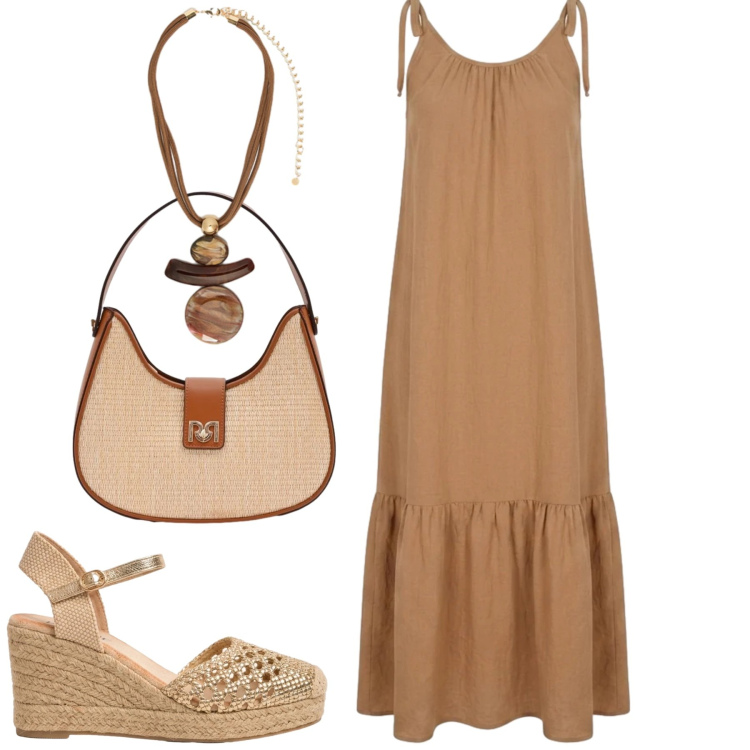 Outfit donna - Giugno. Stile Casual chic per Tutti i giorni. Abbinamento con borse a spalla, ciondoli, vestiti midi/longuette, espadrillas.