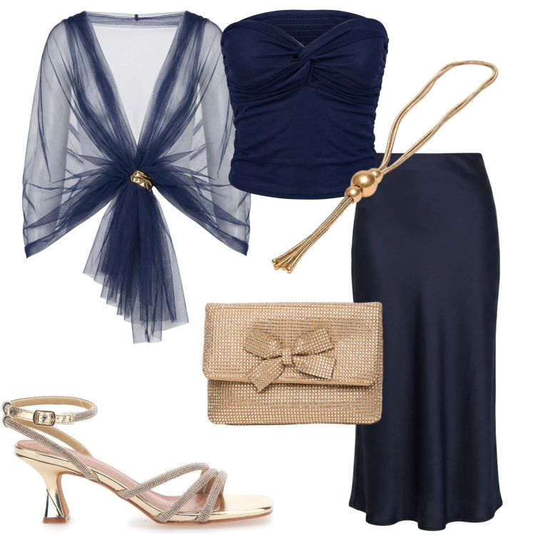 Outfit donna - Nuna Lie. Stile Chic per Cerimonia. Abbinamento con gonne longuette, top, clutch, blazer, collane, sandali col tacco.