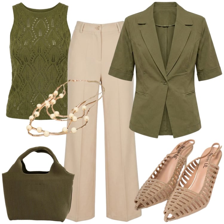 Outfit donna - In ufficio. Stile Casual chic per Ufficio. Abbinamento con blazer, scarpe col tacco, canottiere, pantaloni, borse a mano, collane.