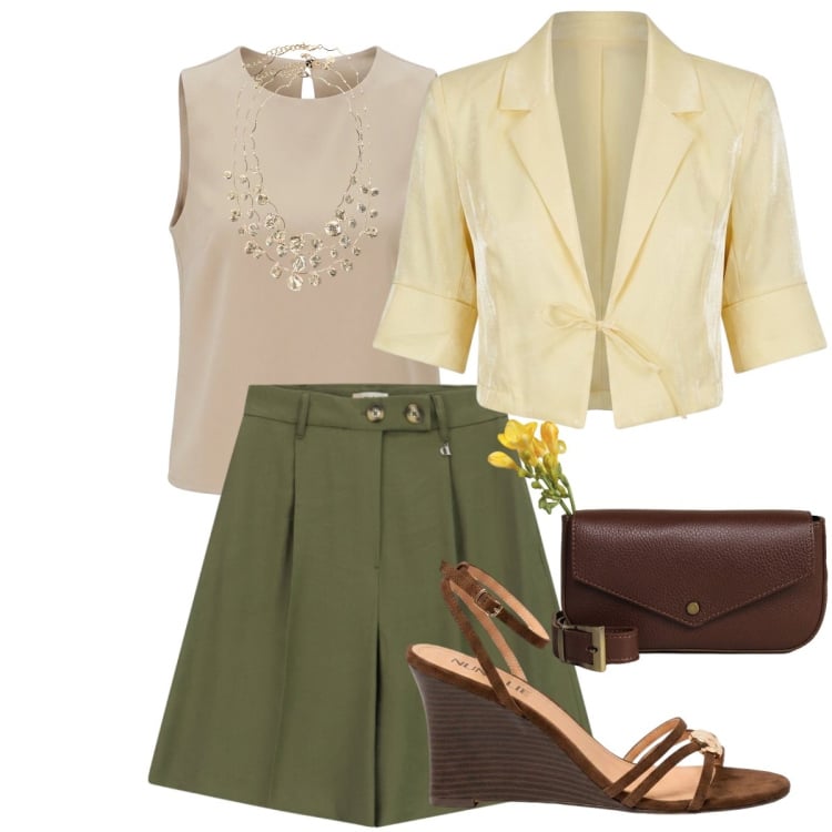 Outfit donna - Total look #2420995. Stile Chic per Tutti i giorni. Abbinamento con borse a tracolla, collane, bermuda, top, sandali col tacco, canottiere.