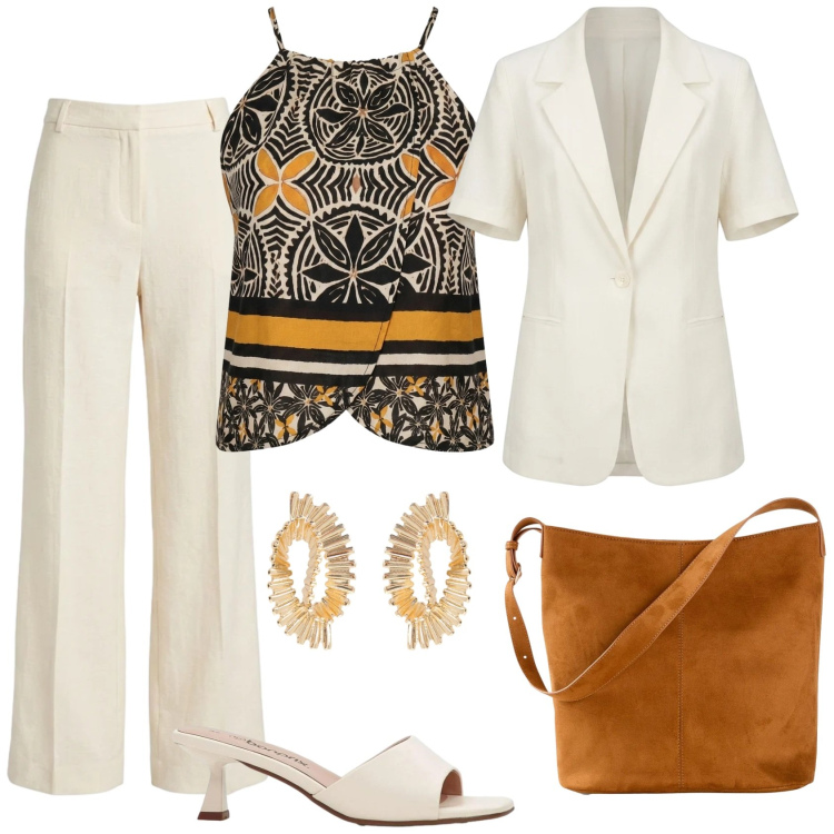 Outfit donna - Total look #2420998. Stile Glamour per Serata fuori. Abbinamento con sandali, borse a mano, orecchini, blazer, canottiere, pantaloni.