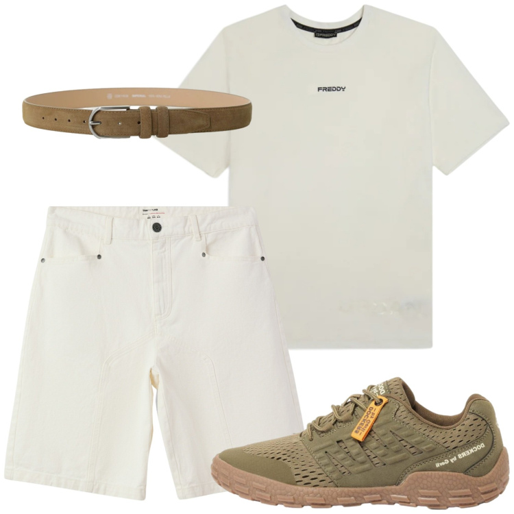 Outfit uomo - Sportivo in estate. Stile Casual per Mare. Abbinamento con sneakers, bermuda, t-shirt, cinture.