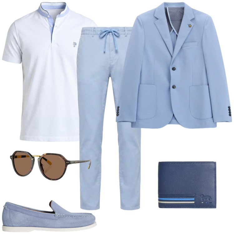 Outfit uomo - Total look #2421002. Stile Urban per Serata speciale. Abbinamento con pantaloni, portafogli, polo, giacche, scarpe stringate, occhiali da sole.